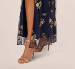 Adrianna Papell Wedding Guest Dresses|Ap Exclusives*Floral Embroidered Maxi Dress With Sheer Flutter Sleeves In Navy Multi