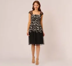 Adrianna Papell Wedding Guest Dresses|Day Dresses*Floral Embroidered Midi Dress With Sheer Cap Sleeves In Black Ivory