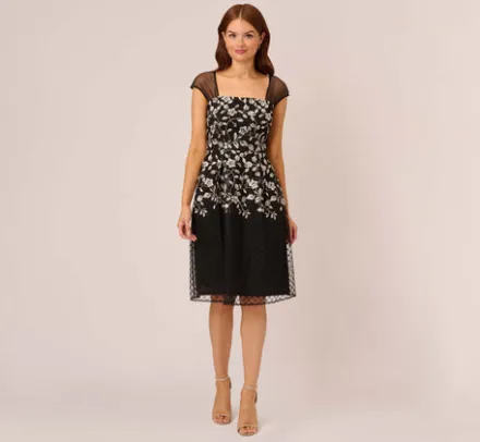 Adrianna Papell Wedding Guest Dresses|Day Dresses*Floral Embroidered Midi Dress With Sheer Cap Sleeves In Black Ivory