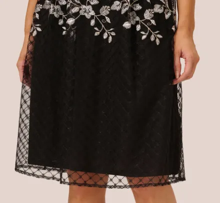 Adrianna Papell Wedding Guest Dresses|Day Dresses*Floral Embroidered Midi Dress With Sheer Cap Sleeves In Black Ivory