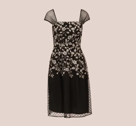 Adrianna Papell Wedding Guest Dresses|Day Dresses*Floral Embroidered Midi Dress With Sheer Cap Sleeves In Black Ivory