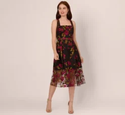 Adrianna Papell Wedding Guest Dresses|Day Dresses*Floral Embroidered Midi Dress With Sheer Hem In Pink Black