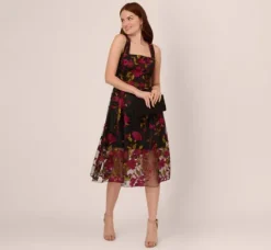 Adrianna Papell Wedding Guest Dresses|Day Dresses*Floral Embroidered Midi Dress With Sheer Hem In Pink Black