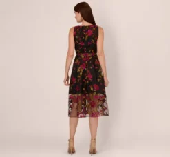 Adrianna Papell Wedding Guest Dresses|Day Dresses*Floral Embroidered Midi Dress With Sheer Hem In Pink Black