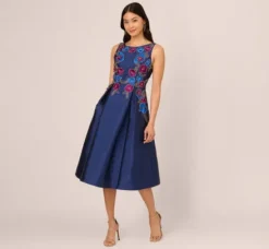 Adrianna Papell Wedding Guest Dresses|Petite-Friendly*Floral Embroidered Mikado Midi Dress With Beaded Details In Light Navy