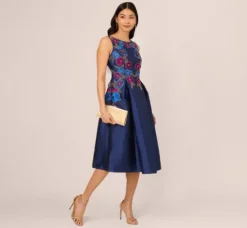 Adrianna Papell Wedding Guest Dresses|Petite-Friendly*Floral Embroidered Mikado Midi Dress With Beaded Details In Light Navy