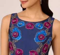 Adrianna Papell Wedding Guest Dresses|Petite-Friendly*Floral Embroidered Mikado Midi Dress With Beaded Details In Light Navy