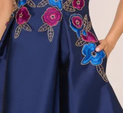 Adrianna Papell Wedding Guest Dresses|Petite-Friendly*Floral Embroidered Mikado Midi Dress With Beaded Details In Light Navy