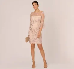 Adrianna Papell Wedding Guest Dresses|Day Dresses*Floral Embroidered Sheath Dress With Scalloped Detail In Champagne Multi