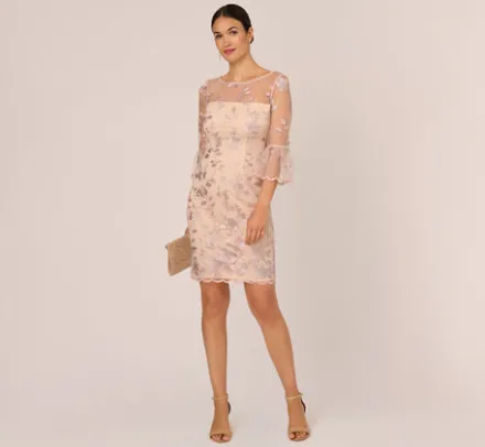 Adrianna Papell Wedding Guest Dresses|Day Dresses*Floral Embroidered Sheath Dress With Scalloped Detail In Champagne Multi
