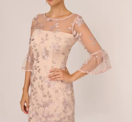 Adrianna Papell Wedding Guest Dresses|Day Dresses*Floral Embroidered Sheath Dress With Scalloped Detail In Champagne Multi