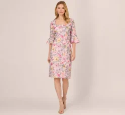 Adrianna Papell Wedding Guest Dresses|Day Dresses*Floral Embroidered Sheath Dress With Three Quarter Bell Sleeves In Blush Multi
