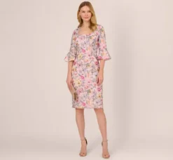 Adrianna Papell Wedding Guest Dresses|Day Dresses*Floral Embroidered Sheath Dress With Three Quarter Bell Sleeves In Blush Multi