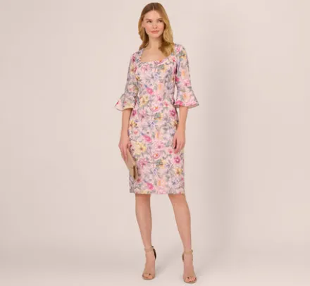 Adrianna Papell Wedding Guest Dresses|Day Dresses*Floral Embroidered Sheath Dress With Three Quarter Bell Sleeves In Blush Multi