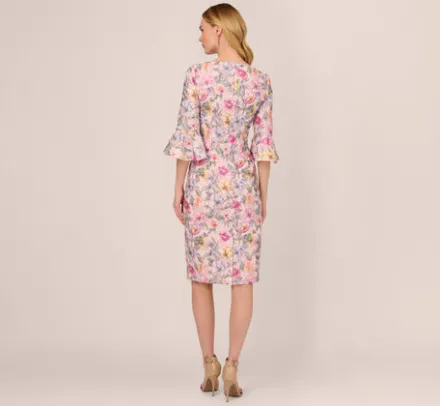 Adrianna Papell Wedding Guest Dresses|Day Dresses*Floral Embroidered Sheath Dress With Three Quarter Bell Sleeves In Blush Multi
