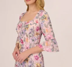 Adrianna Papell Wedding Guest Dresses|Day Dresses*Floral Embroidered Sheath Dress With Three Quarter Bell Sleeves In Blush Multi