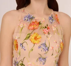 Adrianna Papell Wedding Guest Dresses|Petite-Friendly*Floral Embroidered Sleeveless Midi Dress With High Low Skirt In Yellow Orange Multi