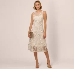 Adrianna Papell Day Dresses|Petite-Friendly*Floral Embroidery Illusion Midi Dress In Ivory Gold
