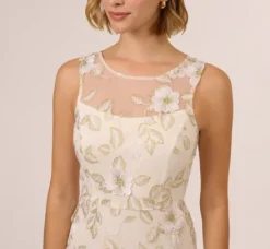 Adrianna Papell Day Dresses|Petite-Friendly*Floral Embroidery Illusion Midi Dress In Ivory Gold