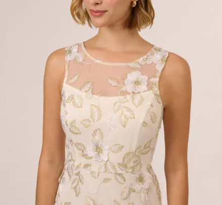 Adrianna Papell Day Dresses|Petite-Friendly*Floral Embroidery Illusion Midi Dress In Ivory Gold