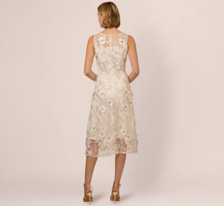 Adrianna Papell Day Dresses|Petite-Friendly*Floral Embroidery Illusion Midi Dress In Ivory Gold
