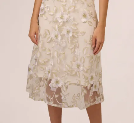 Adrianna Papell Day Dresses|Petite-Friendly*Floral Embroidery Illusion Midi Dress In Ivory Gold