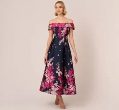 Adrianna Papell Wedding Guest Dresses|Grandmother Of The Bride & Groom*Floral Jacquard Ankle Length Dress With Off The Shoulder Neckline In Navy Pink Multi