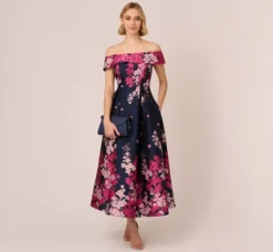 Adrianna Papell Wedding Guest Dresses|Grandmother Of The Bride & Groom*Floral Jacquard Ankle Length Dress With Off The Shoulder Neckline In Navy Pink Multi