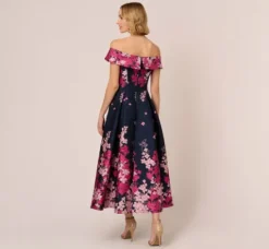 Adrianna Papell Wedding Guest Dresses|Grandmother Of The Bride & Groom*Floral Jacquard Ankle Length Dress With Off The Shoulder Neckline In Navy Pink Multi