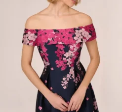 Adrianna Papell Wedding Guest Dresses|Grandmother Of The Bride & Groom*Floral Jacquard Ankle Length Dress With Off The Shoulder Neckline In Navy Pink Multi