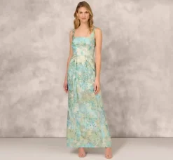 Adrianna Papell Wedding Guest Dresses|Formal Dresses*Floral Jacquard Gown With Pleated Waist In Green Multi