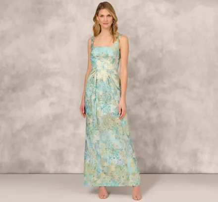 Adrianna Papell Wedding Guest Dresses|Formal Dresses*Floral Jacquard Gown With Pleated Waist In Green Multi