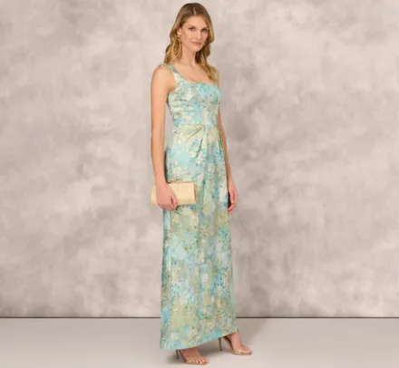 Adrianna Papell Wedding Guest Dresses|Formal Dresses*Floral Jacquard Gown With Pleated Waist In Green Multi