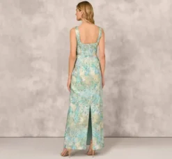 Adrianna Papell Wedding Guest Dresses|Formal Dresses*Floral Jacquard Gown With Pleated Waist In Green Multi