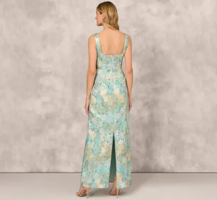 Adrianna Papell Wedding Guest Dresses|Formal Dresses*Floral Jacquard Gown With Pleated Waist In Green Multi