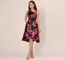 Adrianna Papell Wedding Guest Dresses*Floral Jacquard High Low Midi Dress With Asymmetrical Neckline In Black Pink