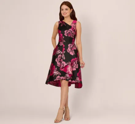 Adrianna Papell Wedding Guest Dresses*Floral Jacquard High Low Midi Dress With Asymmetrical Neckline In Black Pink