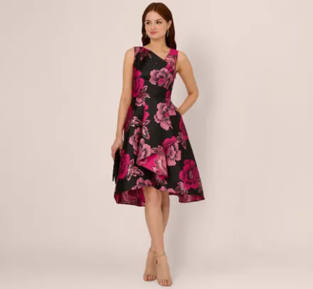 Adrianna Papell Wedding Guest Dresses*Floral Jacquard High Low Midi Dress With Asymmetrical Neckline In Black Pink