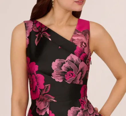 Adrianna Papell Wedding Guest Dresses*Floral Jacquard High Low Midi Dress With Asymmetrical Neckline In Black Pink