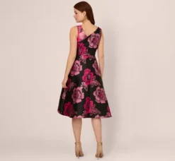 Adrianna Papell Wedding Guest Dresses*Floral Jacquard High Low Midi Dress With Asymmetrical Neckline In Black Pink