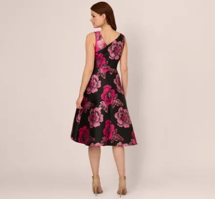 Adrianna Papell Wedding Guest Dresses*Floral Jacquard High Low Midi Dress With Asymmetrical Neckline In Black Pink