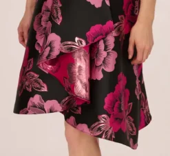 Adrianna Papell Wedding Guest Dresses*Floral Jacquard High Low Midi Dress With Asymmetrical Neckline In Black Pink