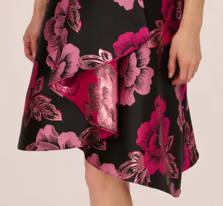 Adrianna Papell Wedding Guest Dresses*Floral Jacquard High Low Midi Dress With Asymmetrical Neckline In Black Pink