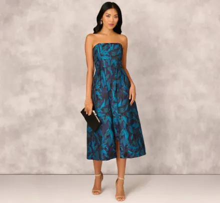 Adrianna Papell Wedding Guest Dresses|Petite-Friendly*Floral Jacquard Midi Dress In Blue Black Multi