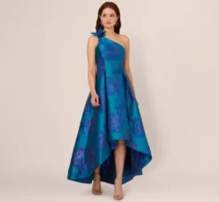 Adrianna Papell Wedding Guest Dresses|Formal Dresses*Floral Jacquard One Shoulder High Low Gown With Rosette Accent In Teal Blue