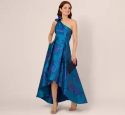 Adrianna Papell Wedding Guest Dresses|Formal Dresses*Floral Jacquard One Shoulder High Low Gown With Rosette Accent In Teal Blue