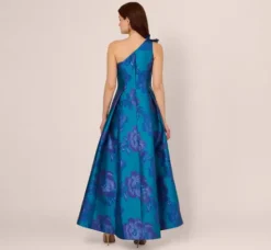 Adrianna Papell Wedding Guest Dresses|Formal Dresses*Floral Jacquard One Shoulder High Low Gown With Rosette Accent In Teal Blue