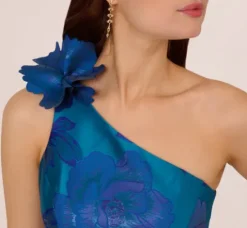 Adrianna Papell Wedding Guest Dresses|Formal Dresses*Floral Jacquard One Shoulder High Low Gown With Rosette Accent In Teal Blue