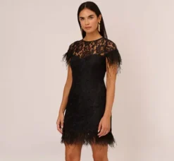Adrianna Papell Wedding Guest Dresses*Floral Lace And Feather Trimmed Short Sheath Cocktail Dress In