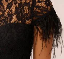 Adrianna Papell Wedding Guest Dresses*Floral Lace And Feather Trimmed Short Sheath Cocktail Dress In